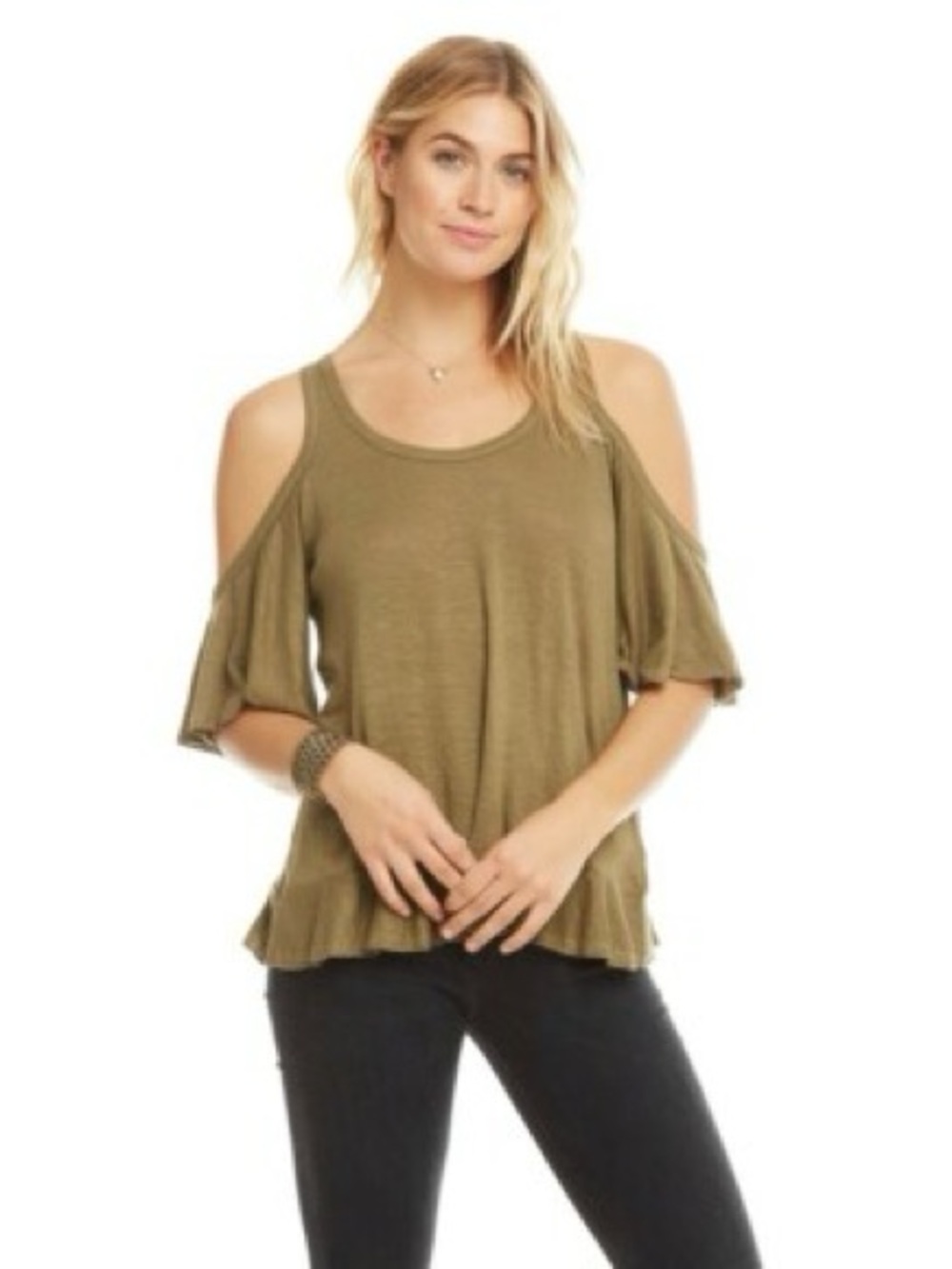 Chaser Olive Cold-Shoulder Scoop Neck Top